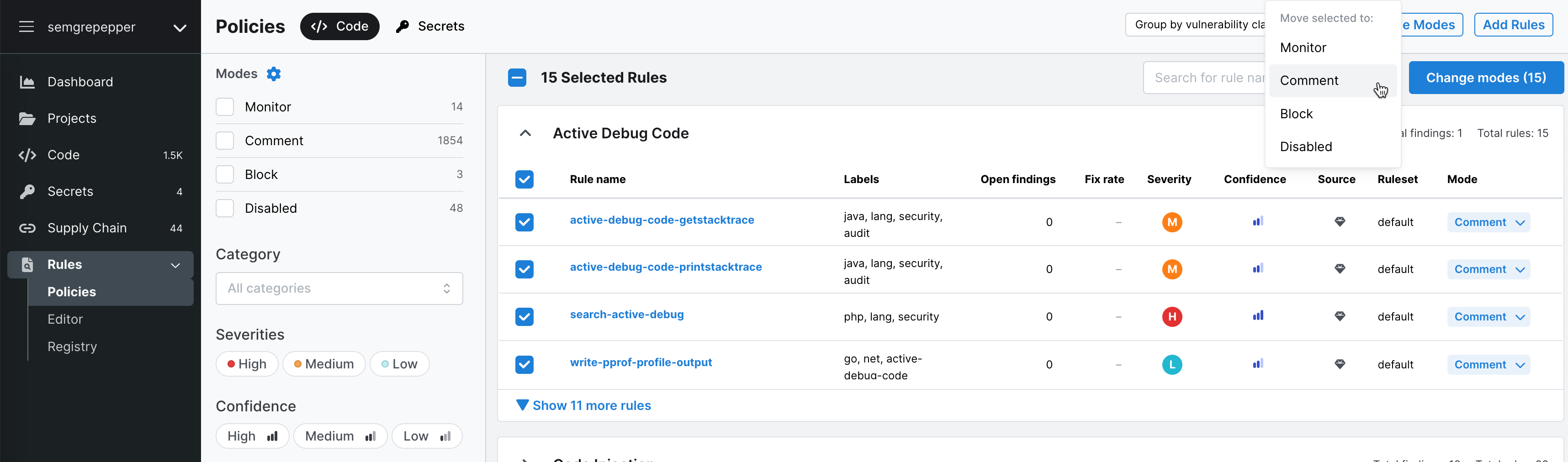 Policies page > Code tab