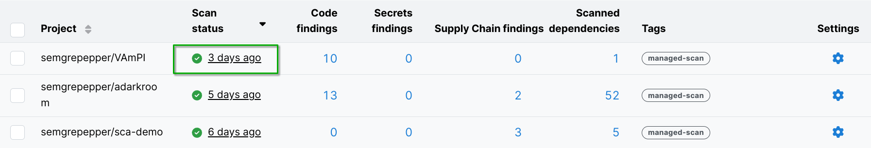 Click the project's latest scan to view the log